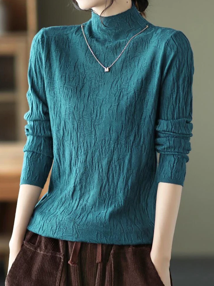 

Autumn Sweaters For Women Mock Neck Knitted Pullover Sweater With Chain Casual Fitted Long Sleeve Womens Tops Pull Hiver Femme