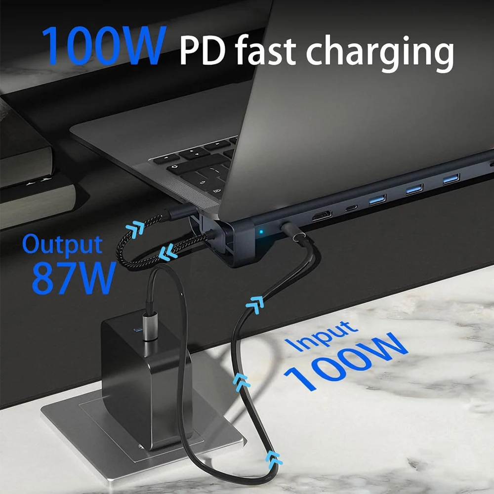 KEBIDUMEI 10 in 1 USB3.0 허브 타입-C 접이식 노트북 스탠드 베이스 PD 100W 4K HDTV SD TF 리더 100Mbps LAN 확장 도킹 스테이션