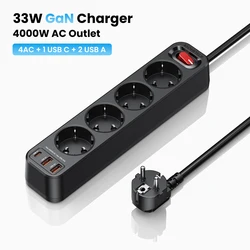 High - Power EU Plug Power Strip with USB and Fast Charging Surge Protection (Black)