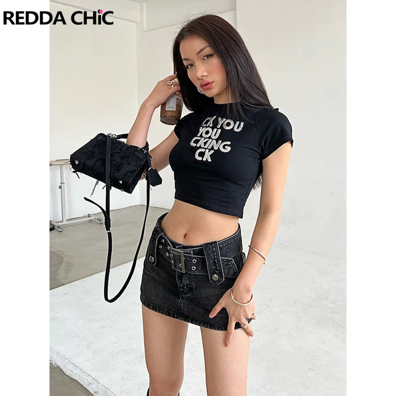 

ReddaChic Steampunk Y2k Belted Denim Mini Skirt Women Low Waist A-line Jeans Skorts Grayu Harajuku Short Bottoms Emo Streetwear