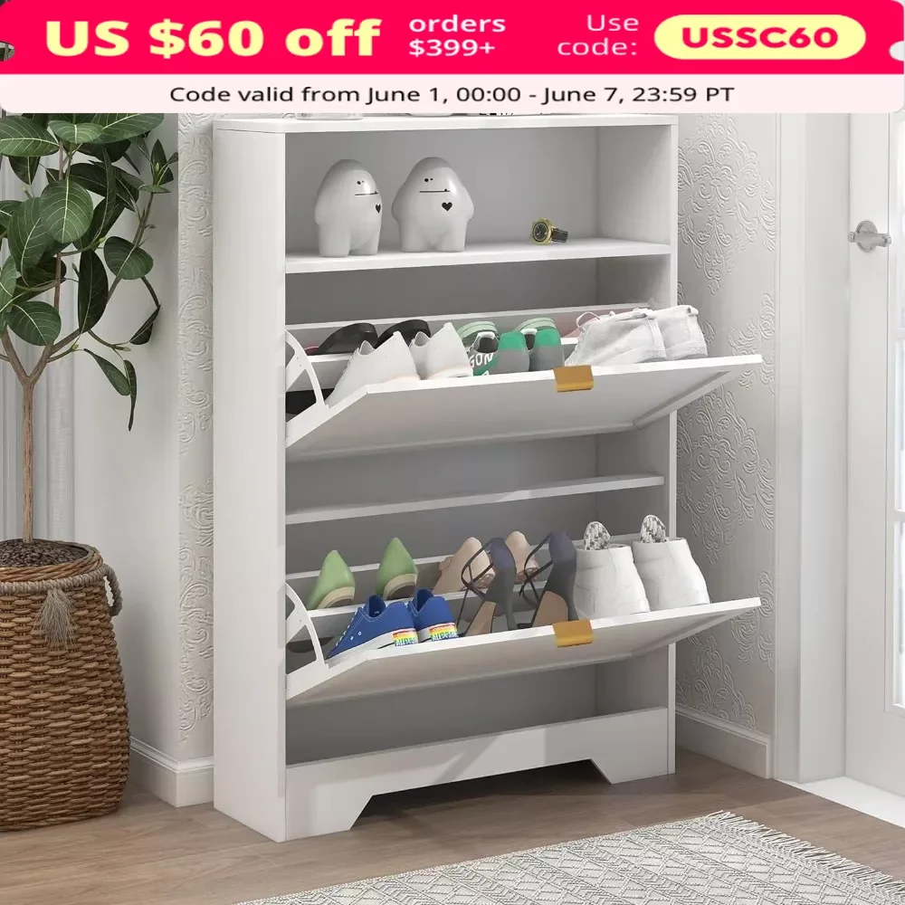

Entrance Shoe Cabinet with 2 Clamshell Drawers and Shelves, 3-tier Wooden Shoe Rack Cabinet for Hallway Apartment