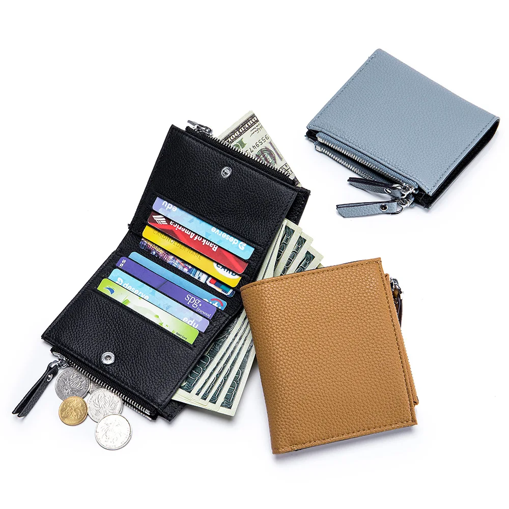 Genuine Leather Short Wallet  Multifunctional and Fashionable Wallet Double Zipper Pocket Change Card Bag