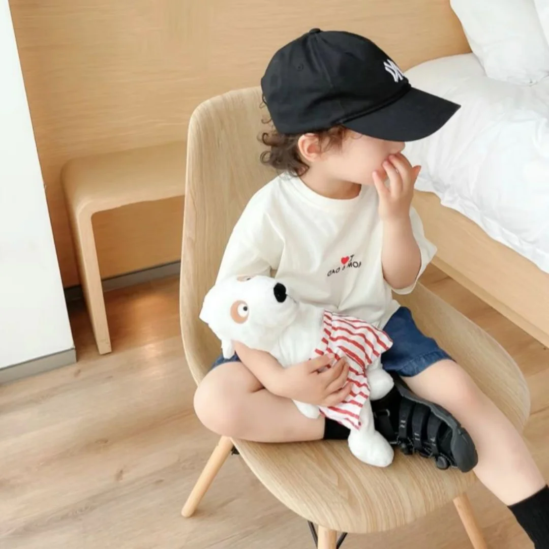 여아 및 남아 I LOVE MOM&DAD 레터 프린트 티셔츠 여름에 어울리는 여아 및 남아 심플 다용도 반팔 탑