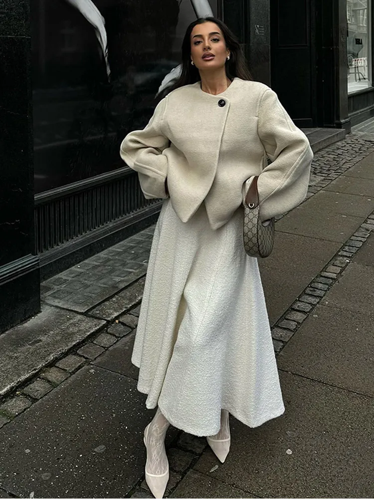Elegant Solid Round Neck Button Up Short Coat Women Fashion Long Sleeved Jacket 2024 New Autumn Winter Lady Commute Street Wear 3