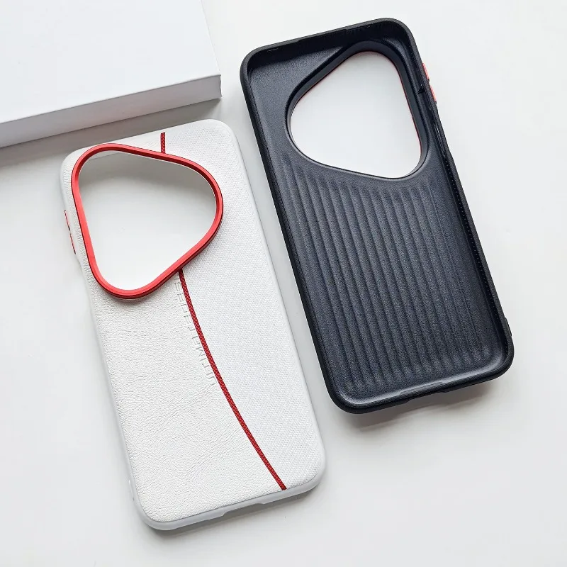 Stylish Red Line Textured PU Leather Case with Metal Keys and Shockproof Bumper