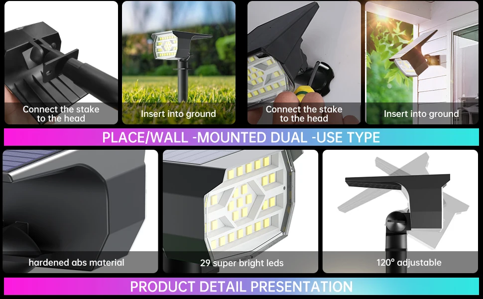 Description Picture 6 of itemSwiatla 29LED RGB Solar Spotlight 7 Color Changing Christmas Decor Outdoor Landscape Lights IP67 Waterproof for Garden Patio