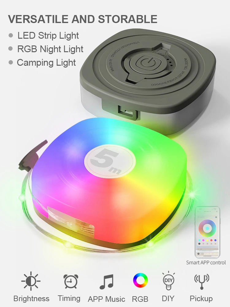 GGbingo LED Night Light RGB Camping String Lights Waterproof Smart APP Portable Stowable USB Charging Decorative Ambient Lights