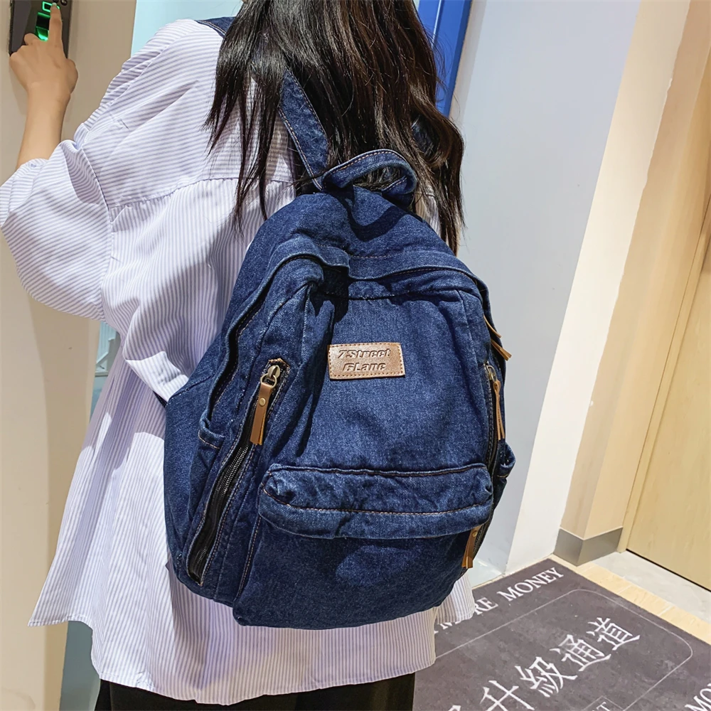 Denim school backpack view 12