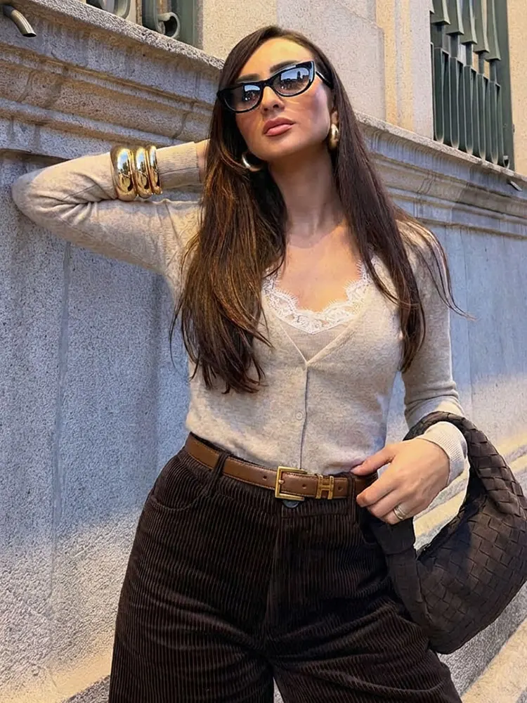 HH Women Fashion Lace V Neck Cropped Cardigan Coat Long Sleeve Button Knit Sweater Spring Casual Streetwear Lady Slim Knitwear