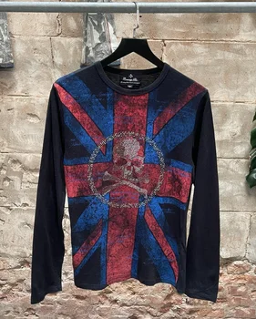Retro British Flag Printing Skull Rhinestone Elements Long Sleeve Cotton T-shirt Men's Y2K New Hip Hop Gothic Casual Joker Top 1