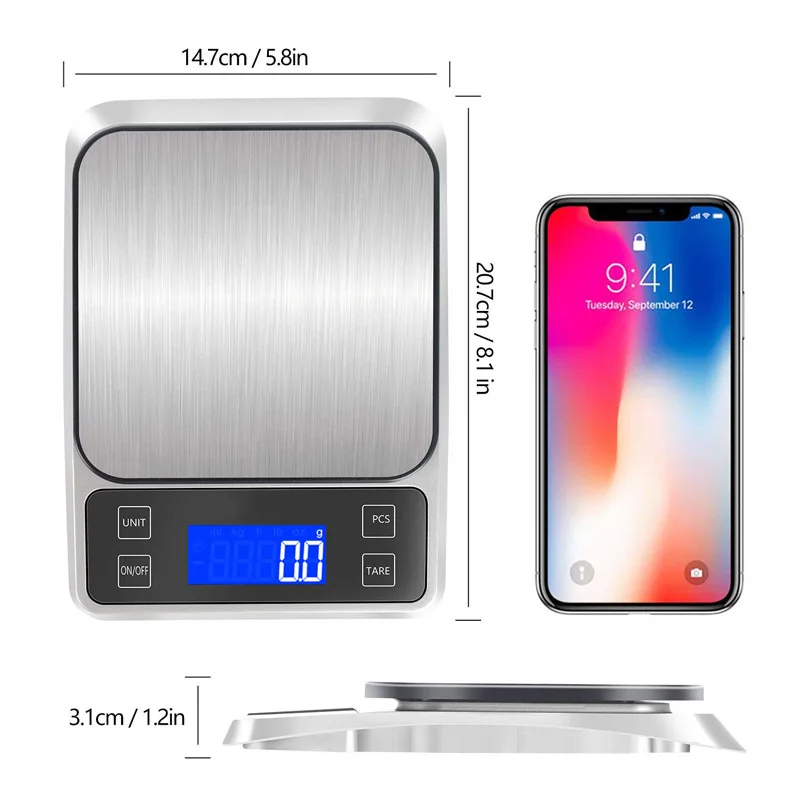 Food Scale, 22lb Digital Kitchen Stainless Steel Scale Weight Grams and oz  for Cooking Baking - Precise Graduation with Backlit LCD Display - Battery