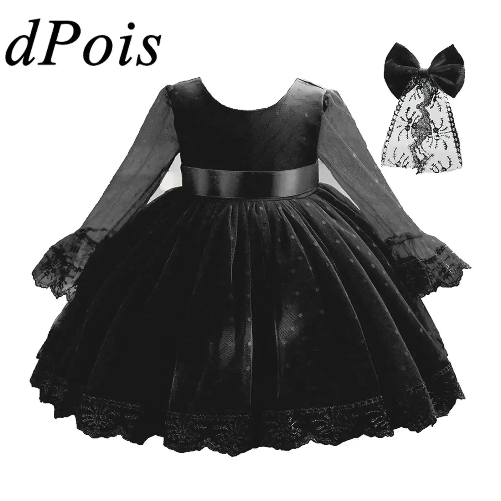 

Toddler Girl Christening Dress with Bowknot Hairclip Cosplay Costumes Lace Tulle Princess Gown Prom Ball Party Dress