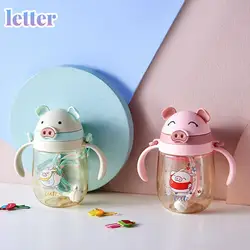 Botella de agua con forma de cerdo resistente al calor PP para niños, de plástico con dibujos animados para recién nacidos, botellas de paja para bebé, taza flexible de alimentación contra caídas