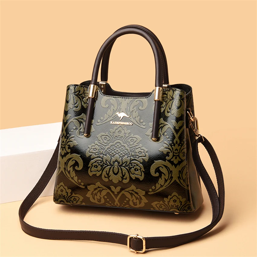 High Quality Leather Women Bag 3 Layers Large Capacity Handbags Purses 2022 Trend Luxury Floral Pattern Shoulder Crossbody Bags