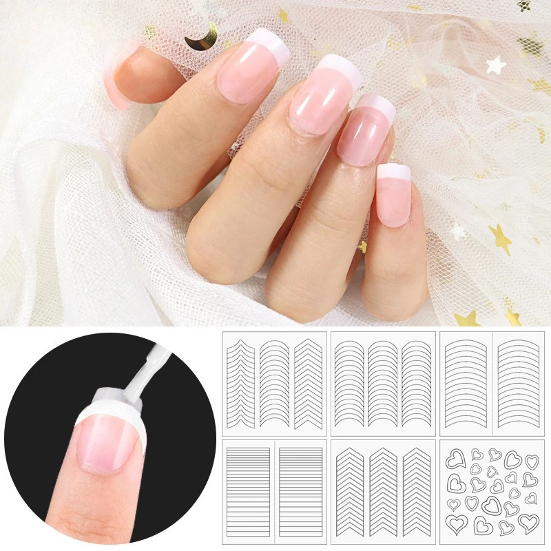 100PCS 스마일 라인 프렌치 네일 아트 스티커 화이트 셀프 접착 네일 스트립 DIY 네일 장식 템플릿 도구