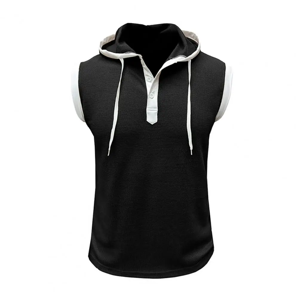 Description Picture 4 of itemMuscle Cut-off Hoodie Men's Sleeveless Hooded Muscle Vest with Adjustable Drawstring Patchwork Color Streetwear for Casual