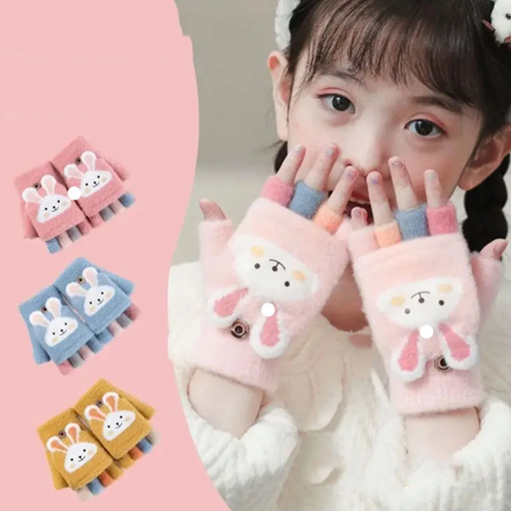 Cute Rabbit ears Children Half Finger Gloves Soft Warm Woolen Five Finger Gloves for Kids Knitted Mittens Warm Flip
