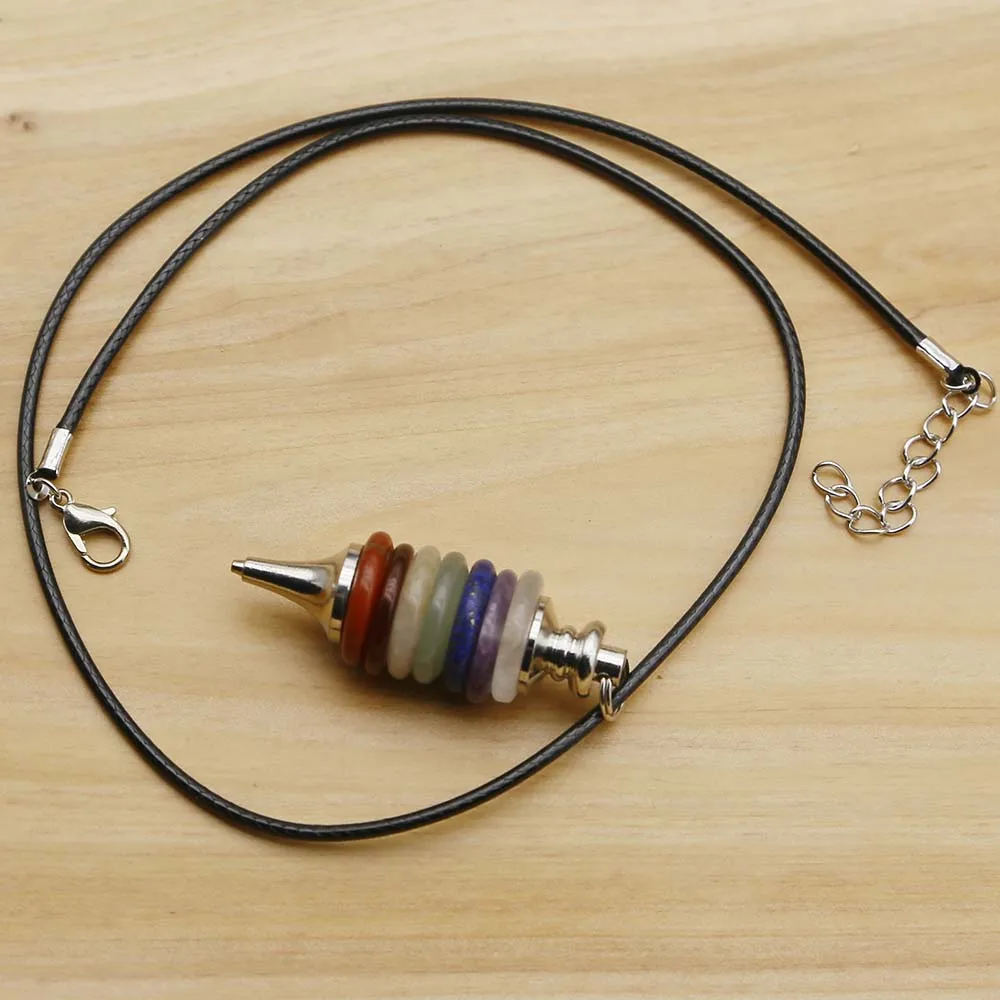 Natural Crystal Colorful Stone Leather Rope Necklaces Pendant Round Piece Spirit Pendulum Fashion Charms Detachable Jewelry 2Pcs