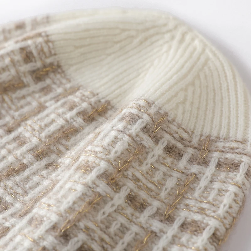 Cashmere Gold Silver Wire Thick Beanies Ribbed Hem Soft Knitted Black Cap Hat Autumn Winter Warm Merino Wool Caps 2