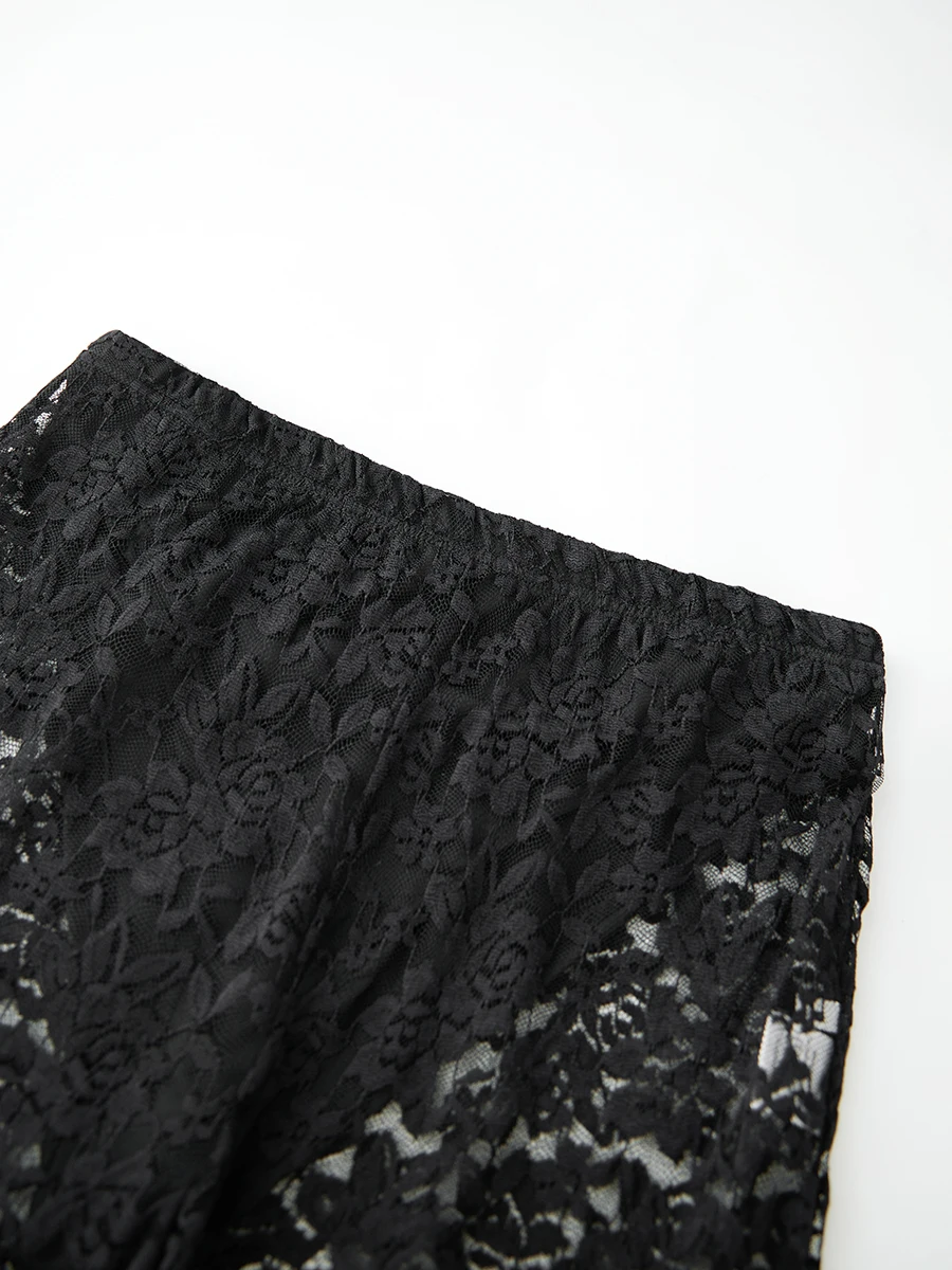Women&rsquo;s Sheer Lace Pants Mid Waist Solid Color Flare Pants Bell-Bottoms Trousers Beachwear
