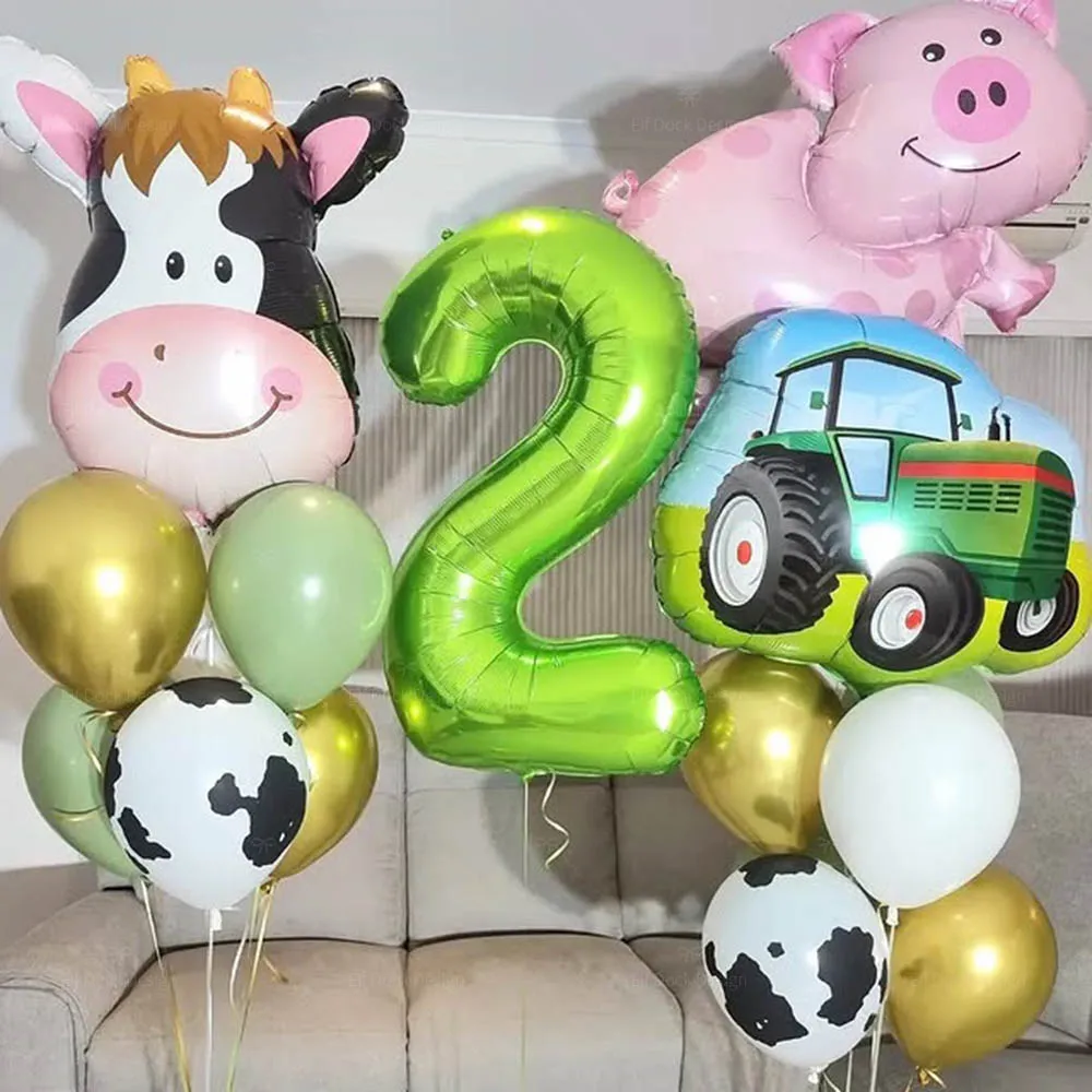 15 Stück Bauernhof-Thema, grüner Traktor, Kuh, Schwein, Folienballons, 40 Zoll, Zahlenballon, alles Gute zum Geburtstag, Party-Dekoration, Babyparty-Geschenke