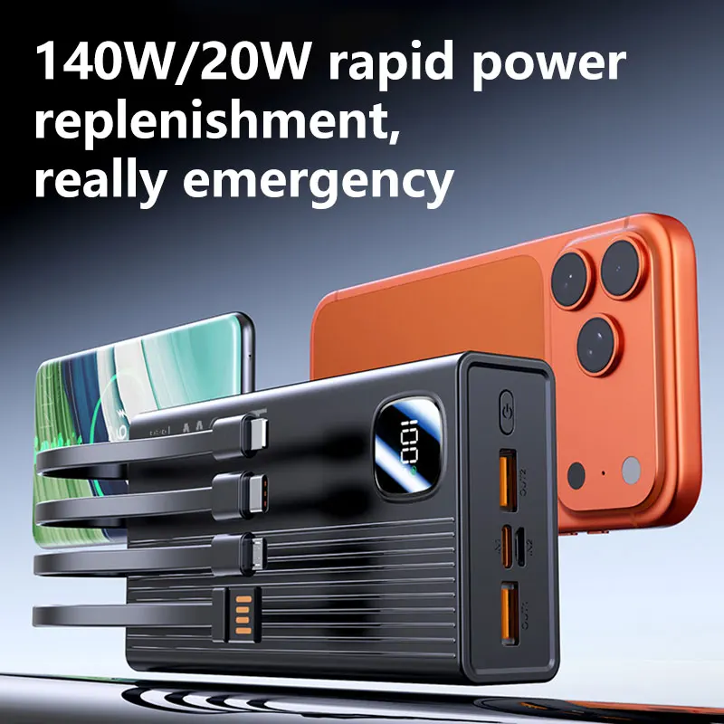 140W 200000mAh 파워뱅크 대용량 4 in 1 케이블 지능형 디지털 디스플레이 라이트 휴대용 파워뱅크 아이폰 화웨이용 신제품