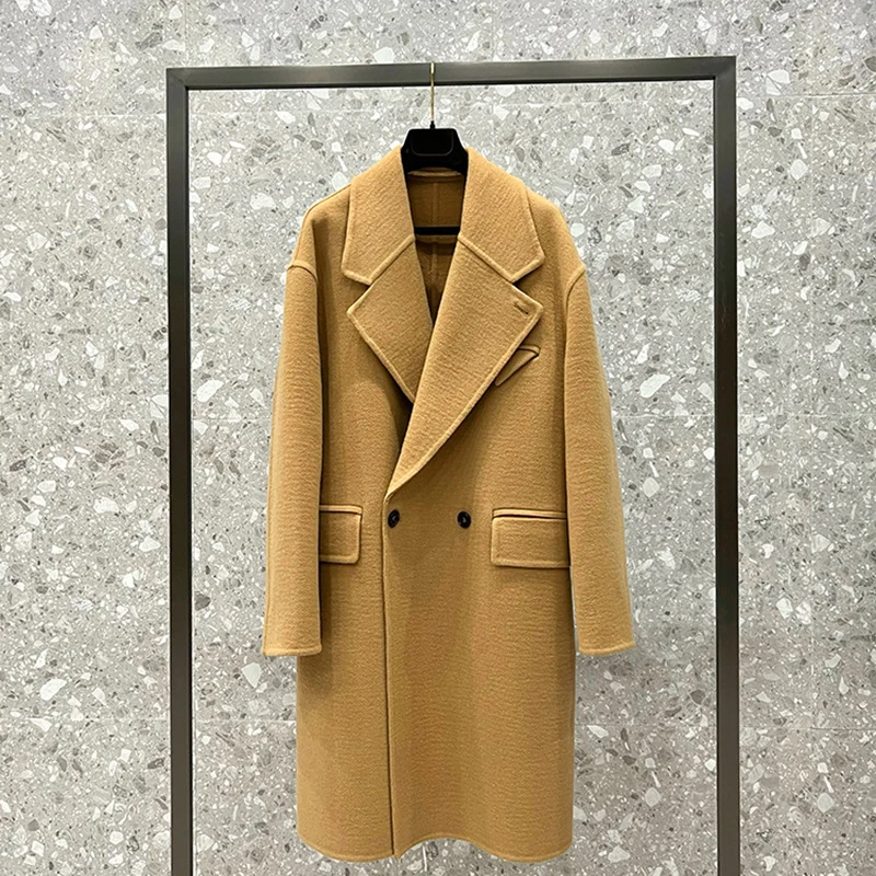 

2023 New Double-Sided Cashmere Coat Row Women's Wool outerwears Luxury Brand Triangle Pocket Tweed Trench Overcoat