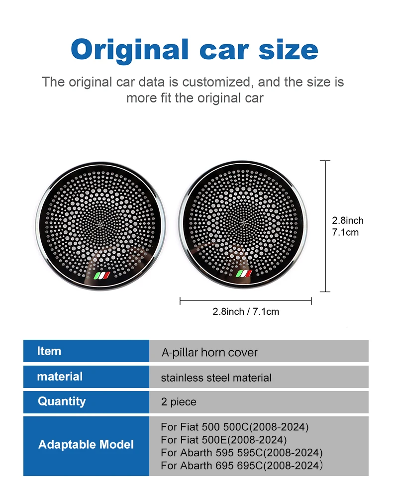 Für Abarth 595 595C 695 695C 2012 2013 2014 2015 2016 2017 2018 2019 2020 2021 2022 2023 2024 Fiat 500 500C 2008-2024 500e 2012-2019 Auto Edelstahl Italienische A-Säule Audio Lautsprecher Trim – Detail 12