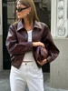 Vintage Wine Red Loose Short Leather Jacket Women Fashion Lapel Long Sleeves Zipper Cropped Coat 2025 Autumn Lady Street Outwear 1