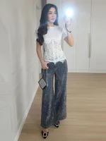 Mode dentelle florale os de poisson Patchwork chemises pour femmes 2026 printemps nouveau Chic à manches courtes col rond Blouse dame rue Y2K hauts 4