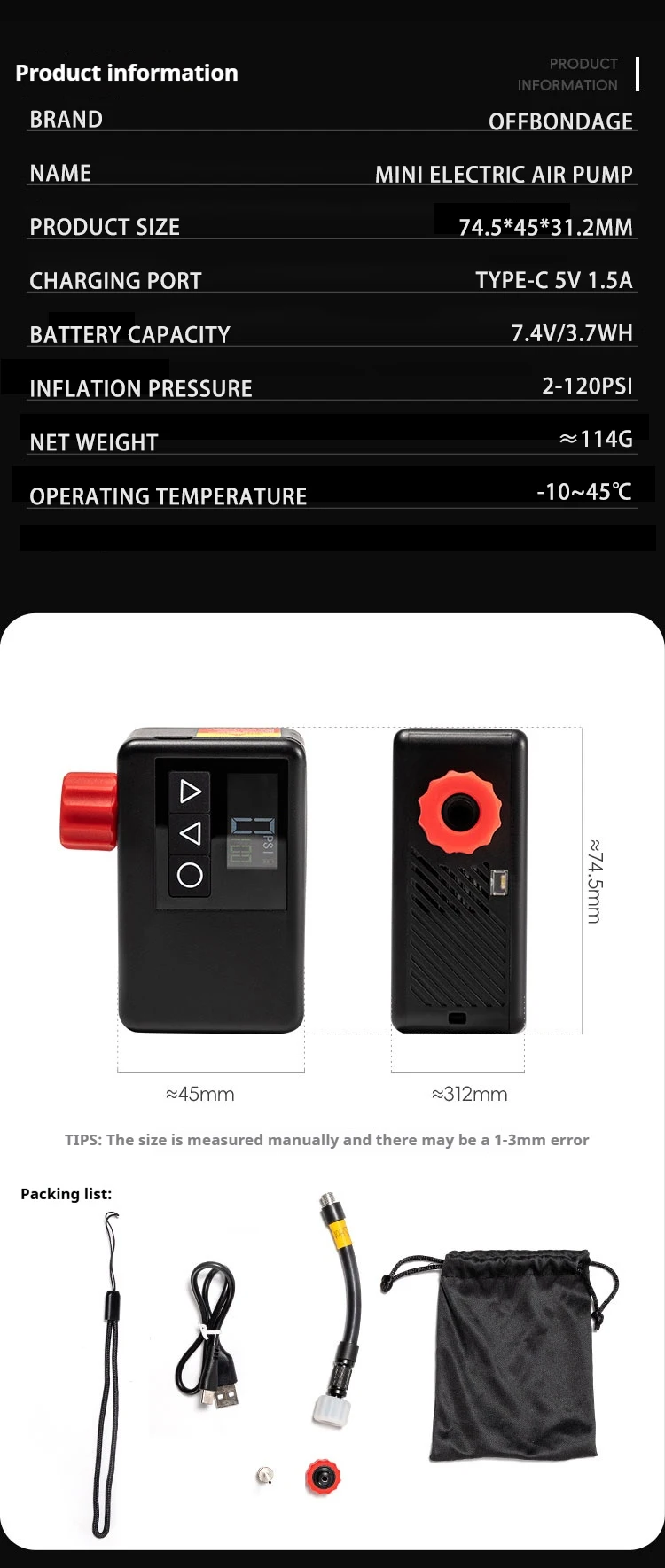 Description Picture 3 of itemOFFBONDAGE Mini Electric Air Pump Portable Bicycle Cordless FV AV Inflator Presta Schrader Valve Outdoor Road MTB Bike Aluminum