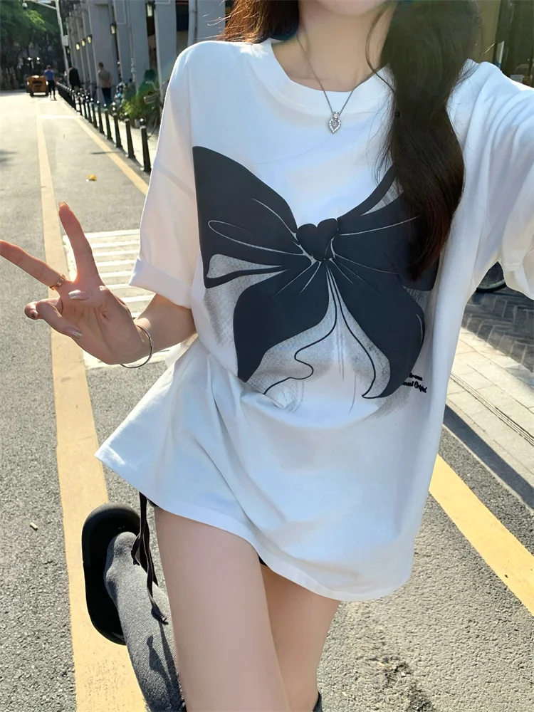 

Женская Корейская ретро-Футболка Harajuku с принтом бабочек, свободная футболка, женские футболки, топы, японская кавайная одежда Ulzzang для женщин