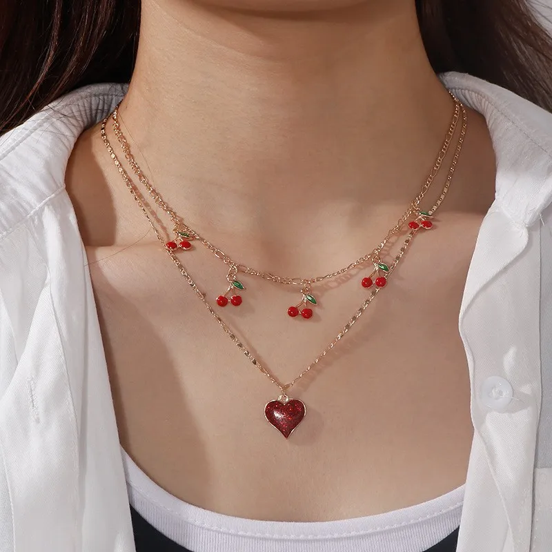 

Sweet Cute Cherry Heart Pendant Necklaces for Women Simple Multilayer Clavicle Chain Charms Necklace Jewelry Accessories Gifts