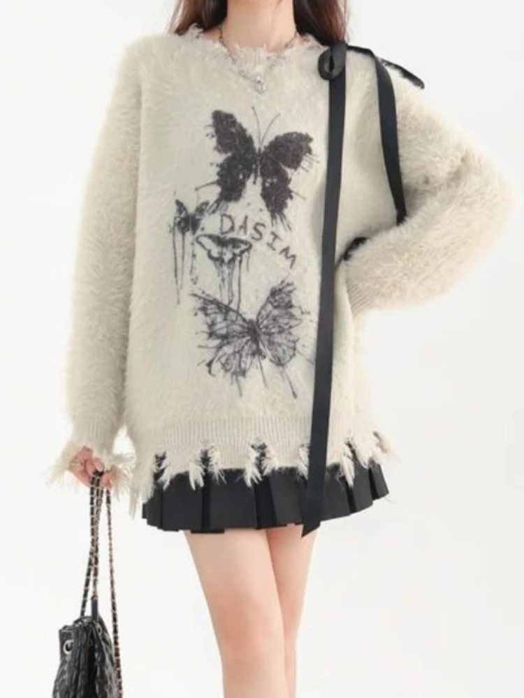 QWEEK Gothic Grunge Goth Butterfly Knit Knitted Sweater Women Y2k Coquette Harajuku American Retro Long Sleeve Pullovers Top