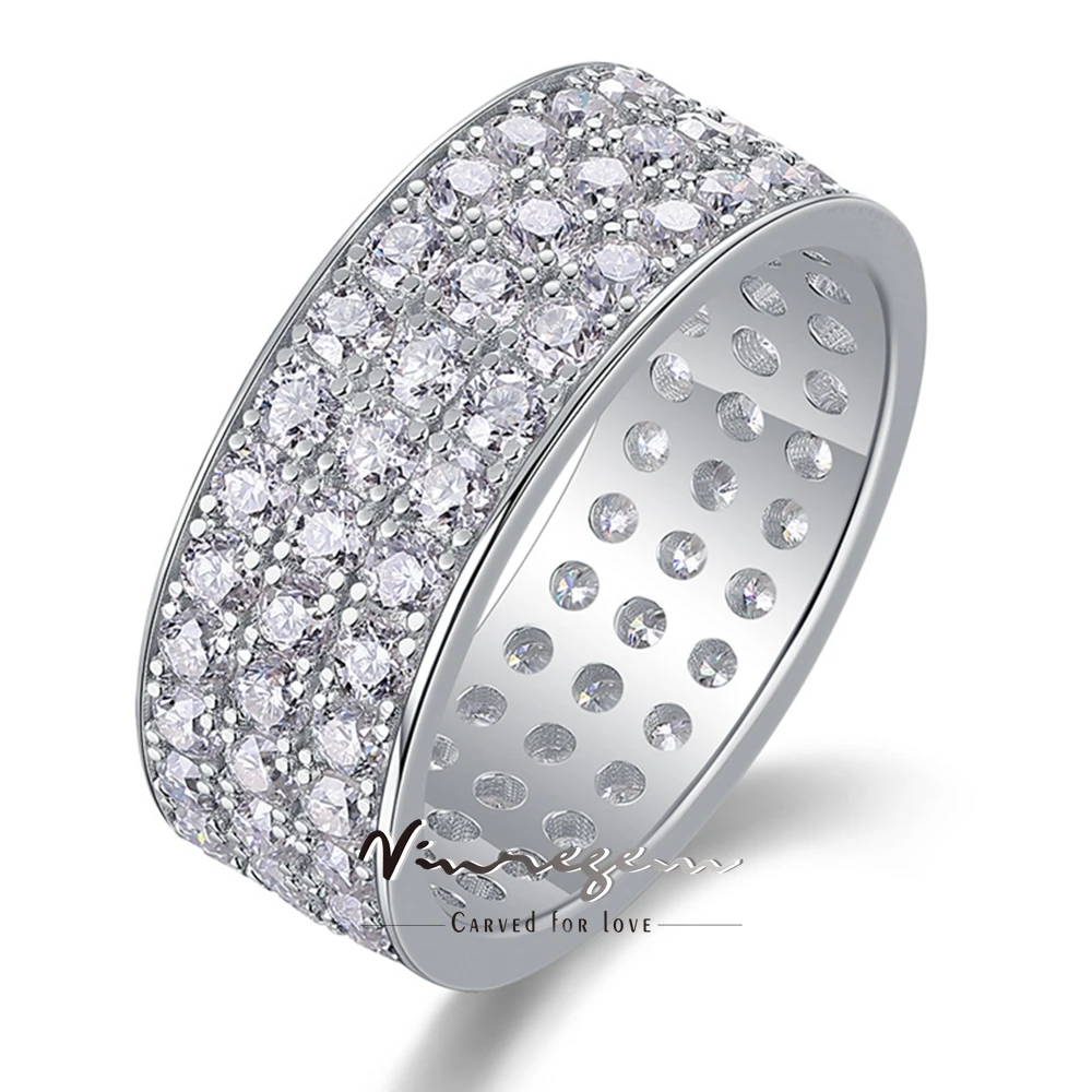 

Vinregem 3EX VVS1 D Color Round Cut Real Moissanite Full Diamond 3 Row Ring 100% 925 Sterling Silver Wedding Band Jewelry Gifts