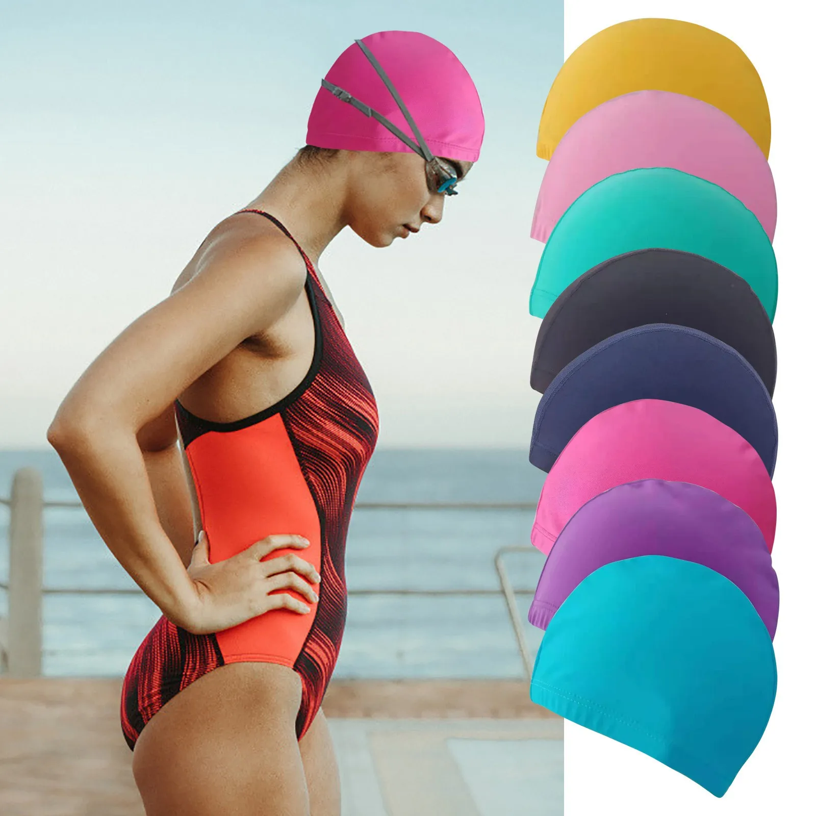 Elastic Swim Cap Swimming Pool Sport Waterproof PU Fabric Protect Ears Long Hair 