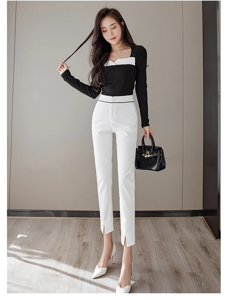 capris 2022 Fashion Korean Style Office Lady Formal Suit Pants Simple Chic Split Mid-Waist Slim Straight Pants Trousers With Pockets dress pants