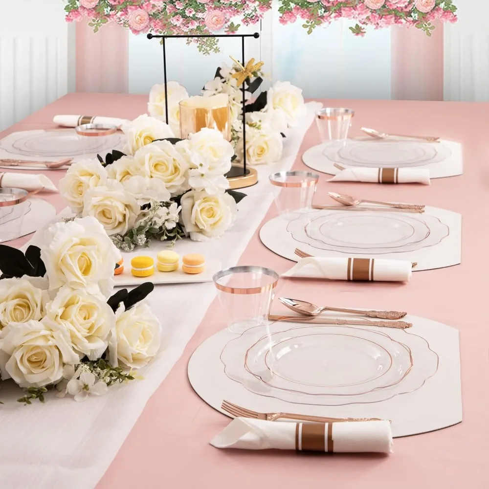 NOCCUR 350pcs Rose Gold Plates-Disposable Pre Rolled Napkin and Rose Gold Plastic Silverware-Clear Rim Plastic