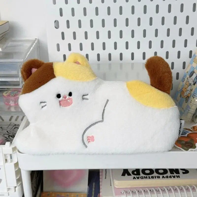 귀여운 고양이 모양의 부드러운 촉감의 가벼운 대용량 문구 수납 펜 케이스, 다용도 수납 가능