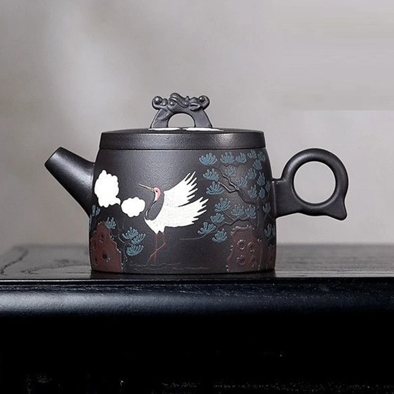 Chinese Pine Crane Patterns, Black Gold Sand From Original Mine Yixing Purply Clay Chinese Kongfu Tea Pots, Handmade, 190ml, New