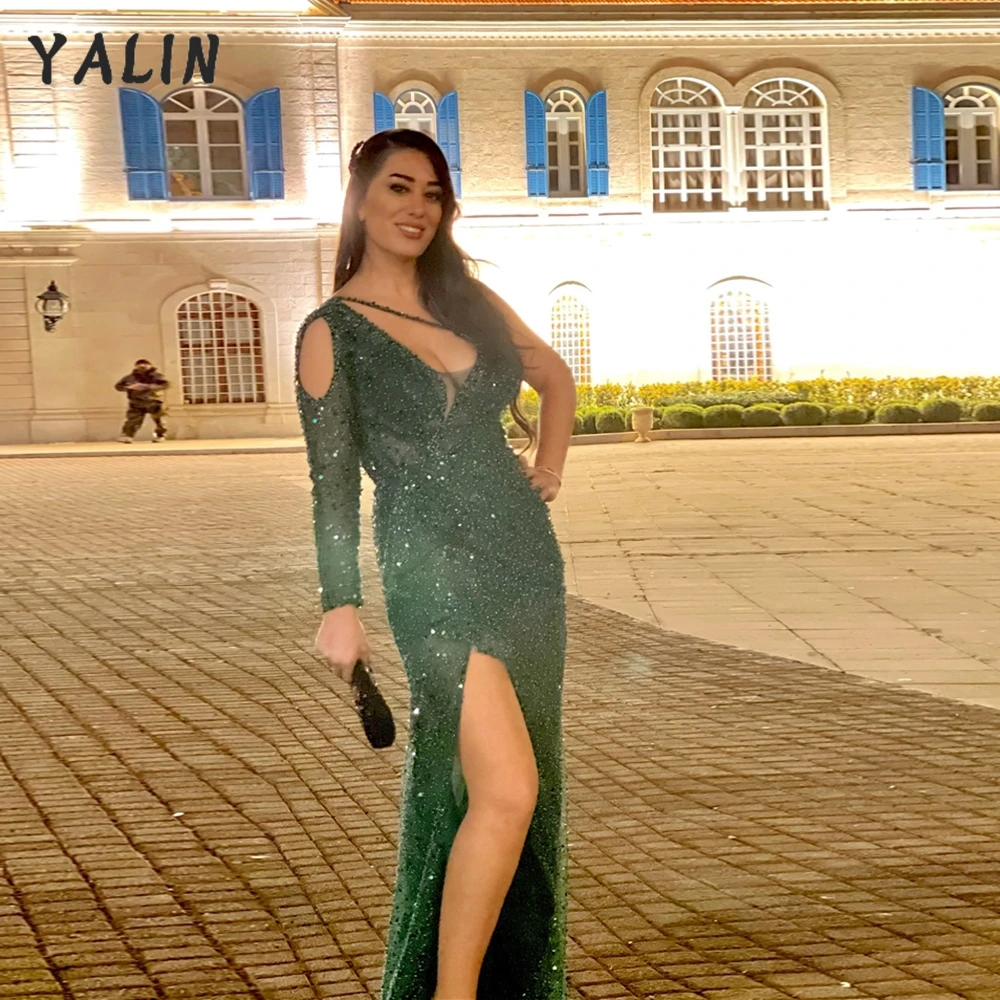 

YALIN Dark Green Mermaid Sparkle Evening Dresses One Shoulder Beaded Sequined African Plus Size Pageant Gown Robe De Soiree