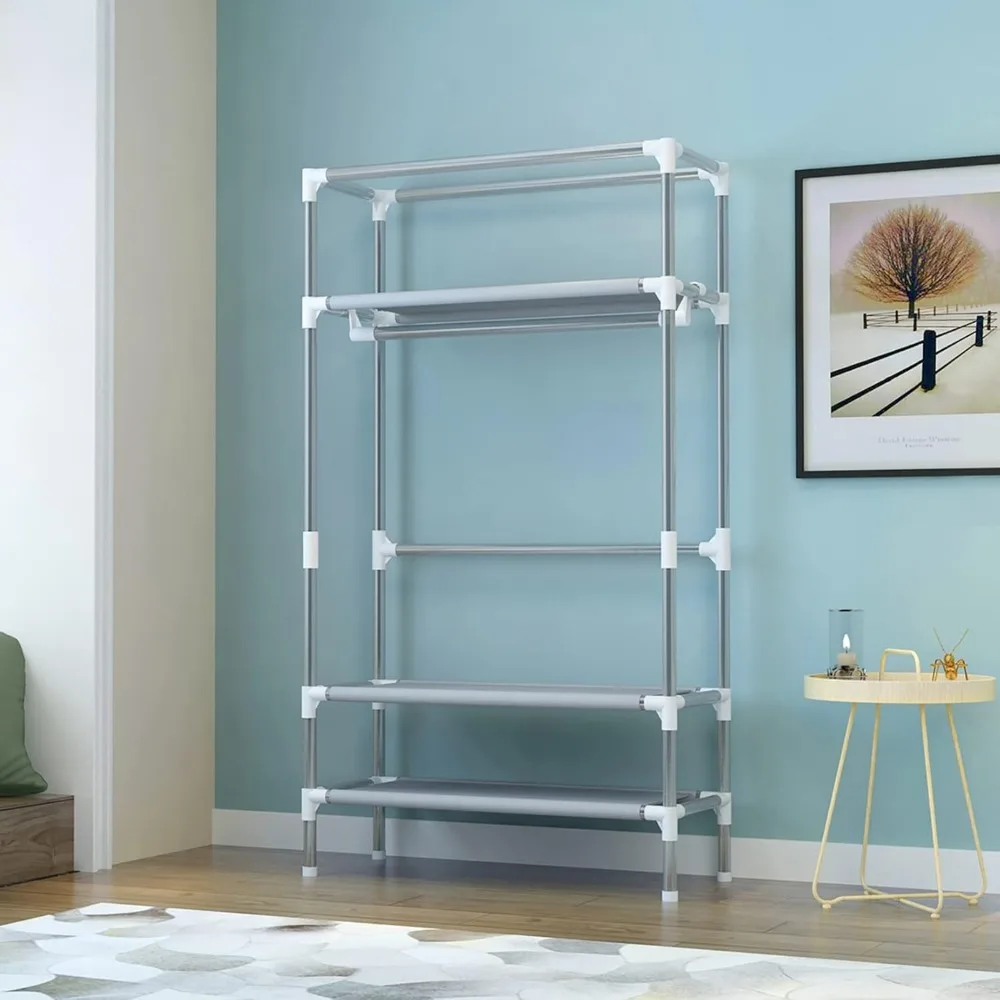 Portable Clothes Closet Rolling Door Wardrobe with Hanging Rack Non Storage Organizer 35.4 x 17.7 x 67.0 ‘’ (Gray) Wardrobes 4