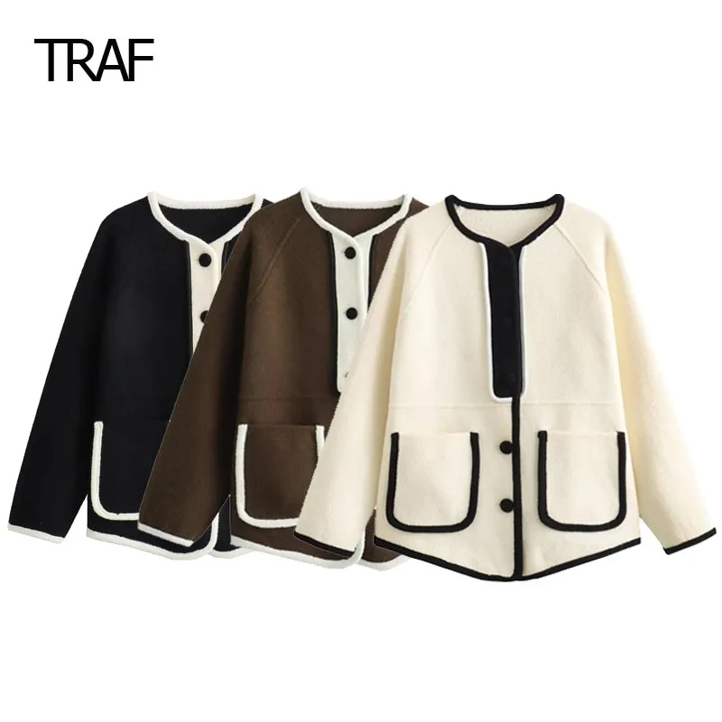 

TRAF Knitted Cardigan Women's Sweater Autumn Winter O-Neck Long Sleeve Top New In Knitwears Elegant Luxury Designer Coats Women