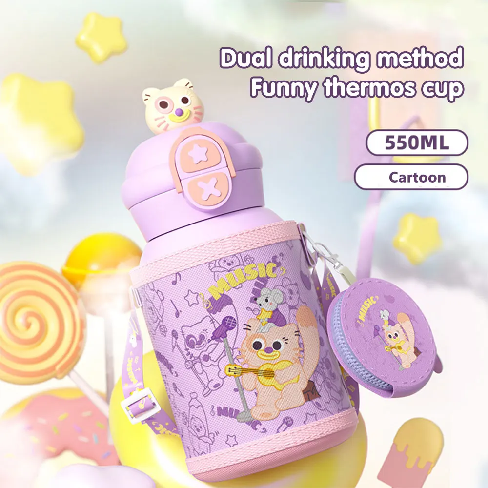 550ML Cute Kids Thermos Bottle Stainless Steel Vacuum Insulated Bottle with Straw Children Water for School Thermos Mugs