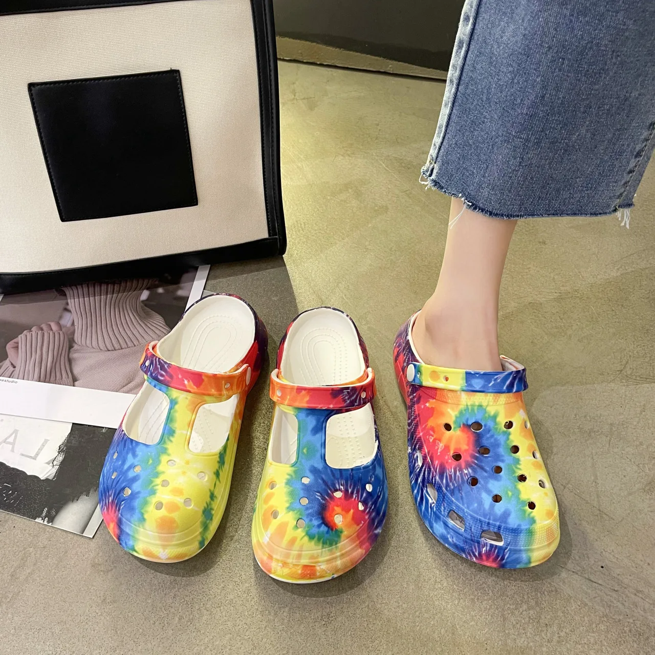 Summer Women Clogs Quick Dry Rainbow Tie Dye Thick Wedges Garden Shoes Beach Sandals Multicolor Slippers Flip Flops for Women T