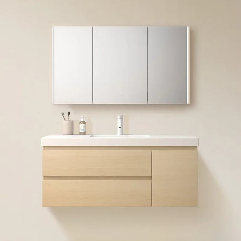 

Ceramic integrated basin solid wood bathroom cabinet combination Japanese log color slate seamless washbasin washstand bathroom