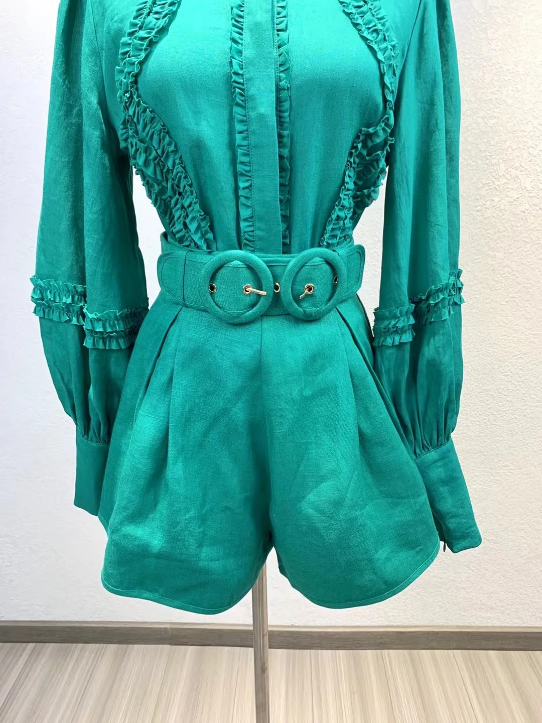 leather shorts Women Lantern Sleeve Green Ruffle Frill Ramie Blouse With Belted High Waist Shorts Two In One Set trendy clothes