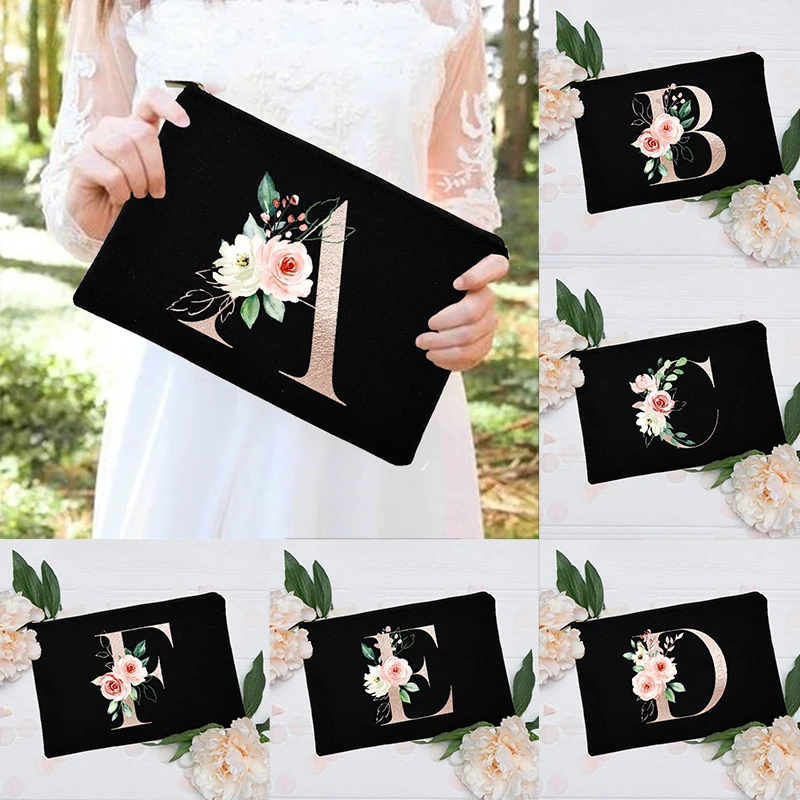

Alphabet Floral Makeup Bag Bridesmaid Maid of Honor Holiday Wedding Bachelorette Party Gift Canvas Cosmetic Zipper Storage Pouch