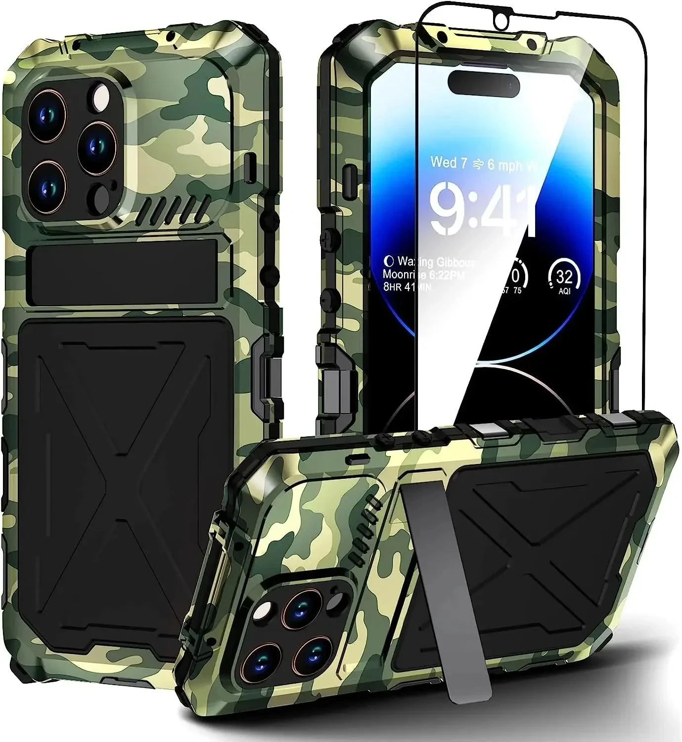 Heavy Duty Metal Frame Case for iPhone 14 Pro Max 14 Plus Kickstand Rugged Silicone Cover with Tempered Glass Screen Protector