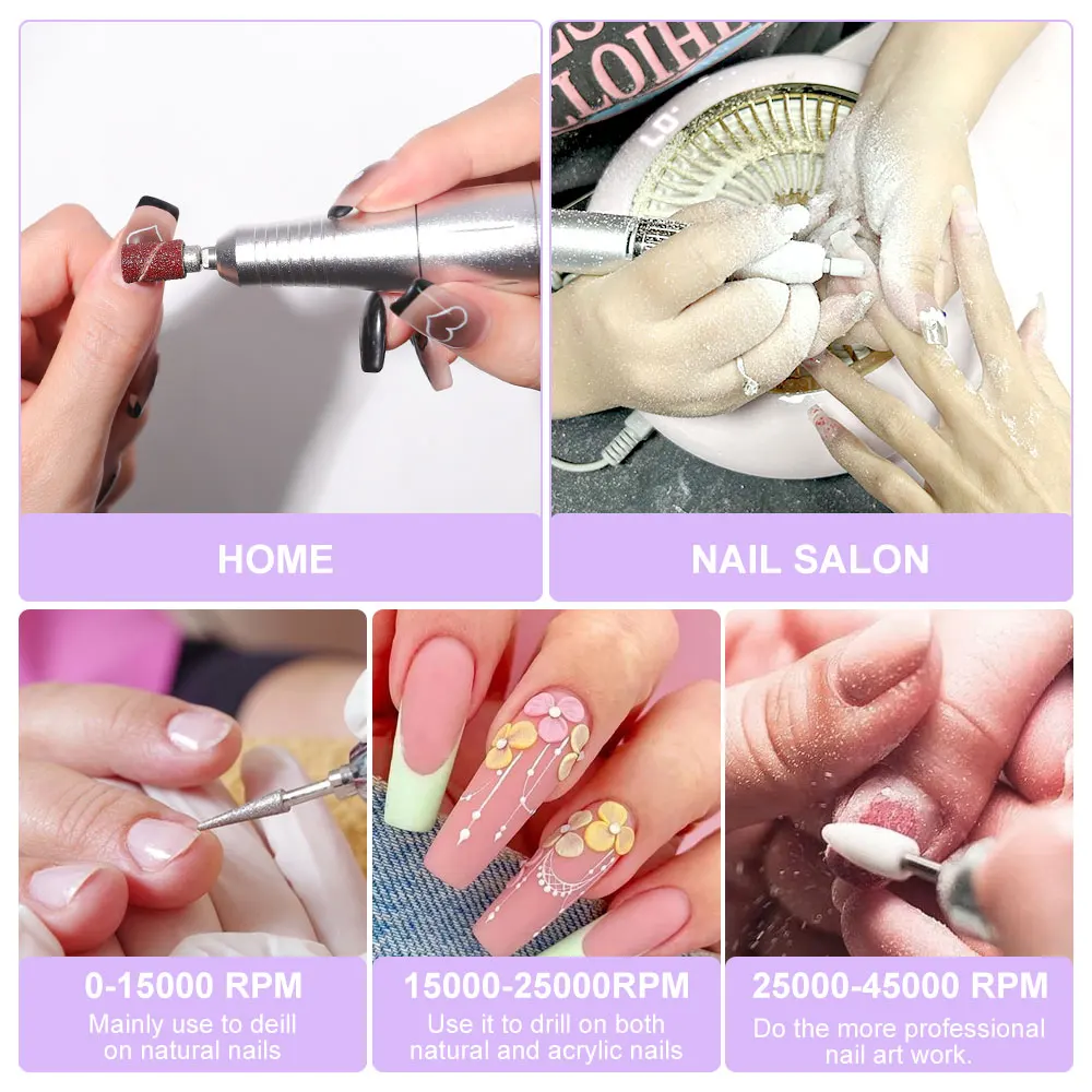 Nail Drill 45000 RPM Rechargeable Nails Electric File Acrylic Gel Removing Polishing Gel Home/Salon Manicure Pedicure